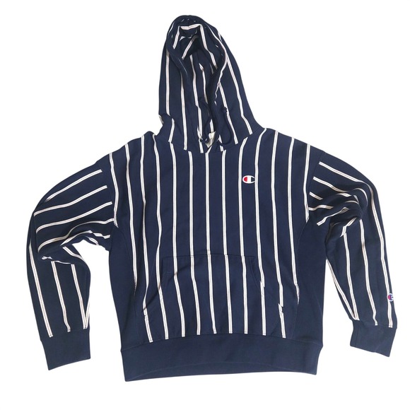 Champion Other - Womens Champion Reverse Weave Striped Hoodie Navy Blue White Large Sweatshirt